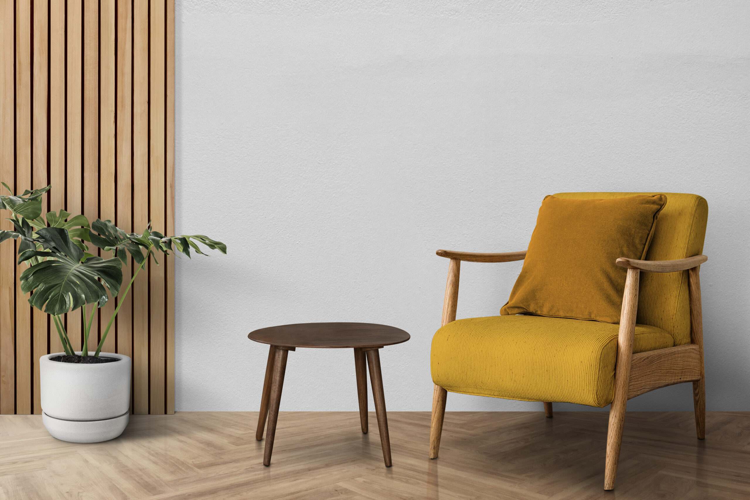 Mid-century modern living room interior design with monstera tre